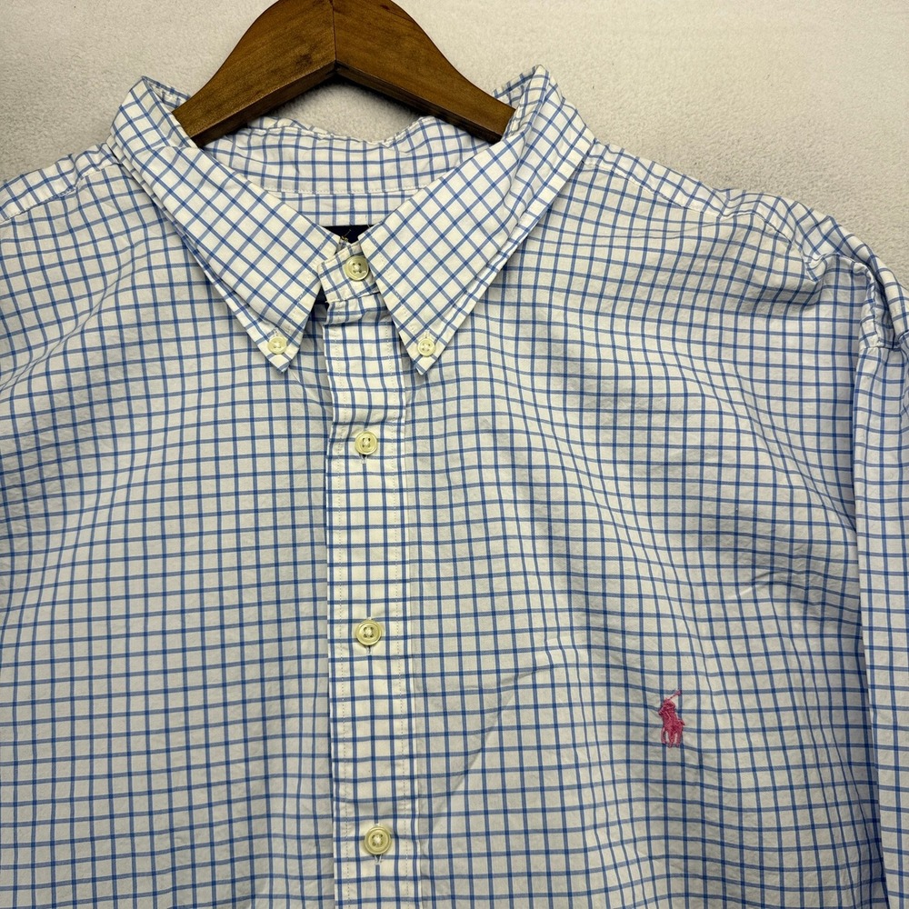 Ralph Lauren Shirt Mens 4XLT 4XL Tall White Blue Check Pony Logo Classic Preppy